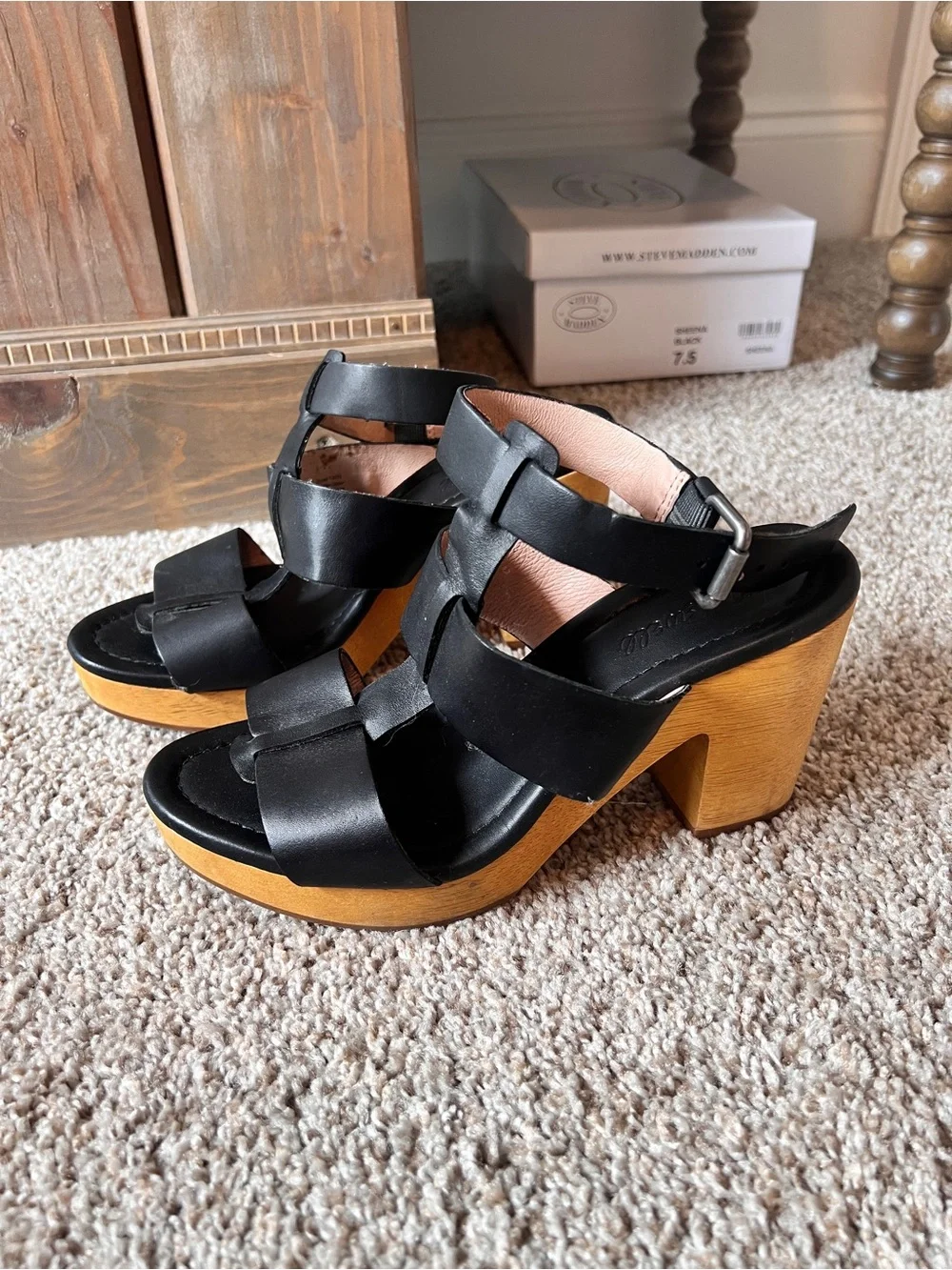 Black Leather Strappy Platform Sandals with Wood Heel